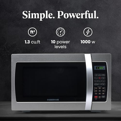 Farberware Countertop Microwave 1000 Watts, 1.3 Cu. Ft. - Microwave Oven With LED Lighting and Child Lock - Perfect for Apartments and Dorms - Easy Clean Stainless Steel