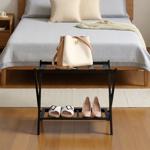 Image of Bamboo Luggage Rack with Shoe Shelf Folding Suitcase Stand with 5 Heavy-Duty Straps for Guest Room Living Room Hotel Ideal Luggage Holder for Suitcases Bags Shoes,Black