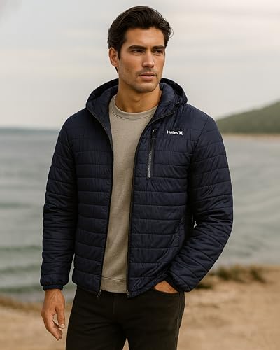 Image of Hurley Mens Puffer Jacket - Lightweight Packable Insulated Winter Coat for Men - Weather Resistant Quilted Outdoor Jacket