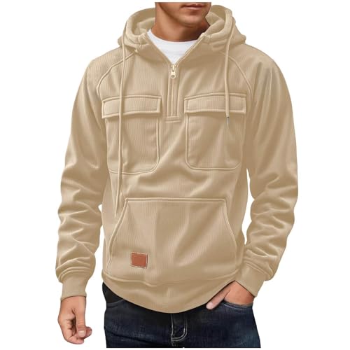 Men's Zip Up Corduroy Hoodies Casual Loose Fit Hooded Sweatshirts Raglan Long Sleeves Pullover with Multiple Pockets
