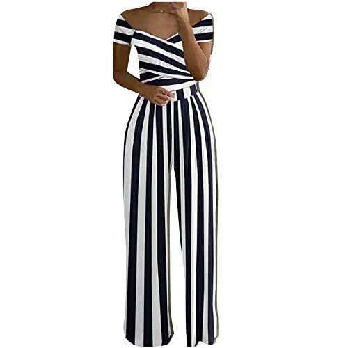 Summer Playsuits for Women Elegant Off The Shoulder with Sleeve Jumpsuits Dressy V Neck High Waisted Rompers Loose Fit Floral Print Wide Leg One Piece Jumpsuit for Party/Vacation