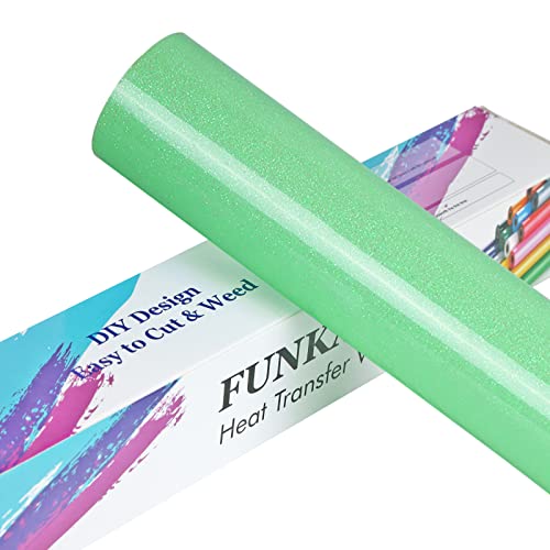 Image of FUNKAKA Glitter Fluorescent Light Green HTV Heat Transfer Vinyl Rolls, 12 inch x 10ft PU Iron on Vinyl for T-Shirts, Glitter HTV Vinyl for All Cutter Machines Easy to Cut & Weed for DIY Design