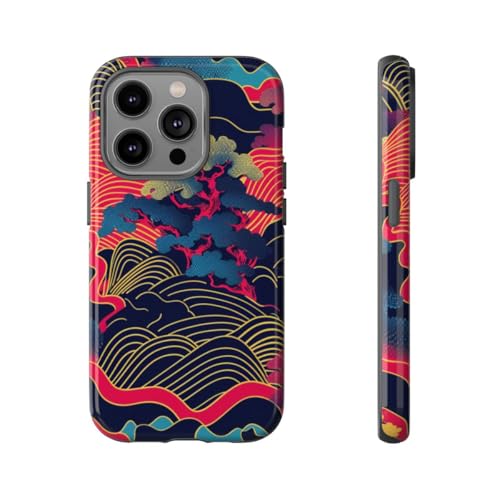 Coque iPhone 14 Pro paysage japonais bleu fluo anti rayure rigide