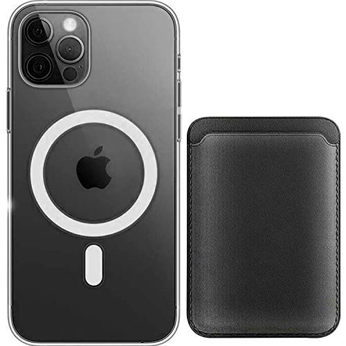 Case Compatible with iPhone 12/12 Pro/12 Pro Max Magnetic, Mag-Safe Leather Wallet Card Holder (Clear+Black, iPhone 12/12 Pro)