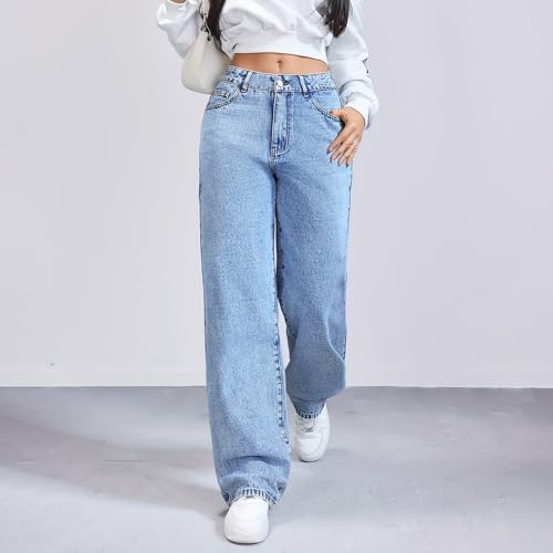 Mid Rise Jeans for Women Straight Leg Mom Jeans Loose Long Elastic Waist Trouser Jean High Waisted Denim Pants2