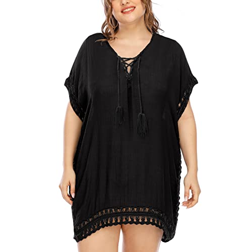 Cysincos Womens Bikini Cover Up Oversized Crochet Chiffon Tassel Swimsuit Beach Swimwear Swim Dresses Cover Ups Black One Size #TOP3