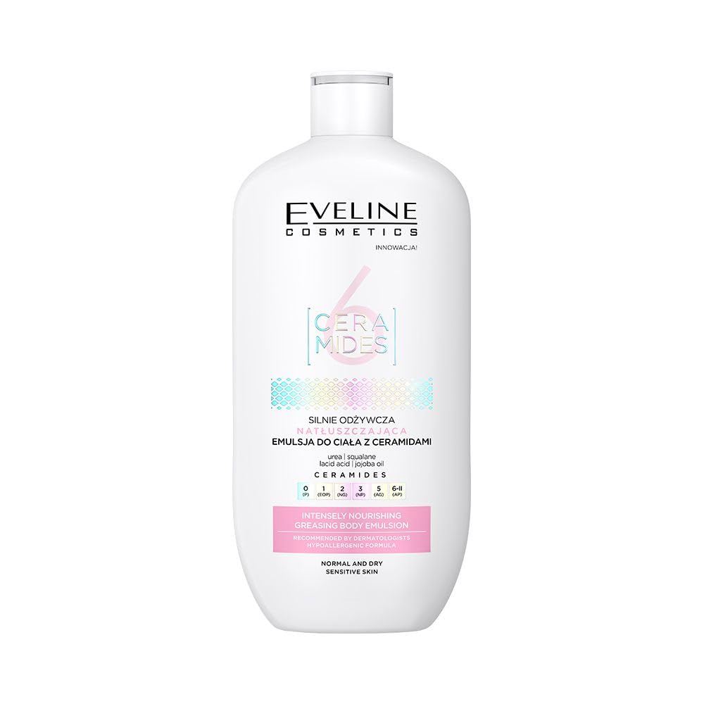 Eveline Cosmetics 6 Ceramides Emulsión corporal hipoalergénica - Hidratación intensiva y suministro de nutrientes con aceite de jojoba, escualano y ácido láctico