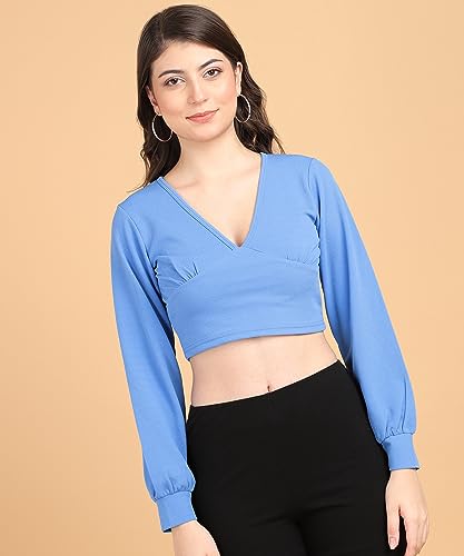 Image of POPWINGS Women Casual Self Design Rust Deep V Neck Full Sleeve Crop Top | Women Tops | Women Regular Tops | Women Tops | Women Stylish Tops