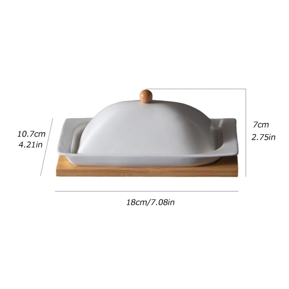 recipiente para mantequilla, Mantequillera de cerámica rectangular con tapa y base madera