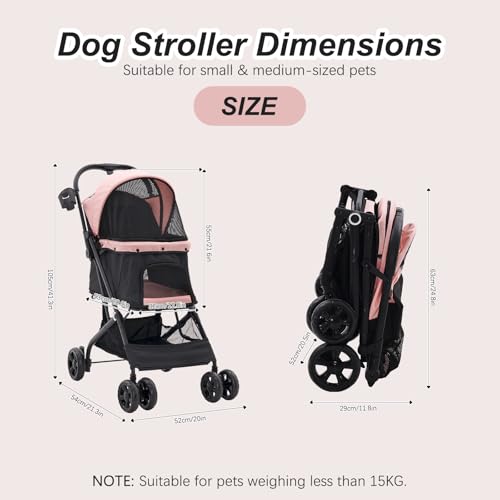 Romiromi Hundewagen bis 15 kg,Faltbar Hundebuggy mit Netzfenstern Lagerkorb & Getränkehalter,4 Räder Drehbar,Für Kleine/Mittlere Katzen und Hunde von 4-15kg,Ganz Saisonal, Rosa