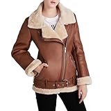 M&Catree Chaqueta Mujer de Ante Sintético, Cazadora Moto Biker con Forro de Borreguito, Abrigo Invierno Aviador Bomber con Pelo Sintético - Marrón # Piel sintética, XL