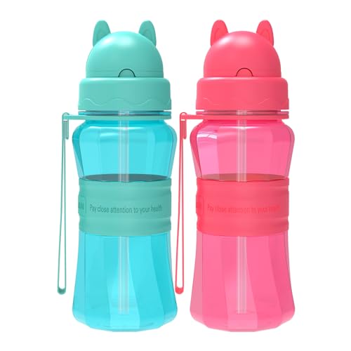 Sigdio Botella de Agua Niños y Niña con Pajita, Sin BPA, 2 PCS, Botella de Agua Infantil, Antigoteo, a Prueba de Fugas, para Escuela, Corrida, Senderismo y Actividades al Aire (Azul claro-Rosa)