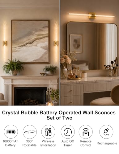 Image of Crystal Bubble Battery Operated Wall Sconces Set of 2: 10000mAh Gold Rechargeable Wall Light, 360 Rotate 4CCT Dimmable Modern Wireless Wall Lamp Decor for Hallway Bathroom Bedroom Living Room Mirror
