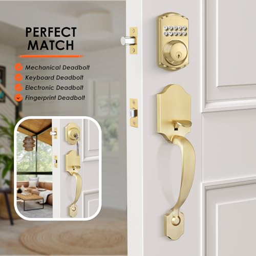Image of Haidms Gold Front Door Handle, Entry Door Handleset No Lock, Exterior Door Handle with Reversible Handle Lever, Single Cylinder,Lower Half Lever for Left & Right Hand Door