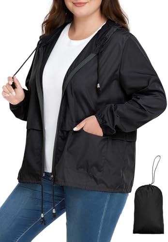 Zando Plus Size Rain Jackets for Women - Lightweight Women's Raincoats Waterproof with Hood Packable Windbreaker Jacket Womens Travel Rain Coats for Women Outdoor Hiking Commuting Black 2XL