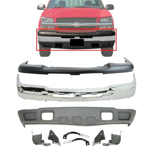 PARTSTUNT Front Bumper Chrome + Upper Cover Textured + Lower Valance + Outer Brace + Inner & Outer Brackets Right Passenger & Left Driver Side Direct Replacement For 2003-2006 Chevrolet Silverado 1500