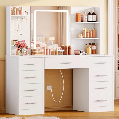 Image of FIONESO Vanity Desk with Mirror and Lights, Makeup Vanity with 9 Drawers & Power Outlet, 5 Hooks & 6 Open Shelves, 3 Lighting Colors & Adjustable Brightness, White Vanity for Girls