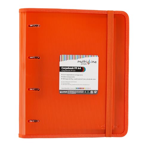 Grafoplas 88100052. Carpeblock 4 Anillas con Recambio y Separadores, A4, Naranja, Polipropileno Rayado, Carpebook Multiline