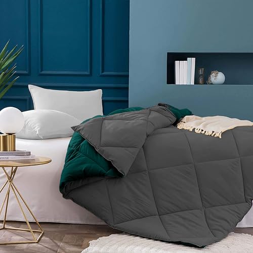 Image of Filbert 600 GSM Comforter for Single Bed | Super Warm Winter Quilt /Rajai | Thick Microfiber Blanket with Cloud-Soft Fill | Luxury Bedding for Winters - 60x90 Inch | Teal /Dark Grey