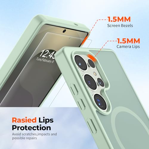 Image of SUPFINE Magnetic for Samsung Galaxy S25 Ultra Case with Screen Protector, (Built-in Magnets) (Military Grade Drop Protection) Slim Translucent Shockproof Phone Case,Light Green