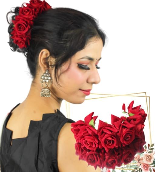 LYF5STAR Artificial Red Rose Veni Gajra | Handmade Hair Accessories for Stylish Wedding Bride, Women & Girls| Beautiful Hair Juda Style | Perfect for Indian Wedding/Marriage/Engagement- Pack of 1