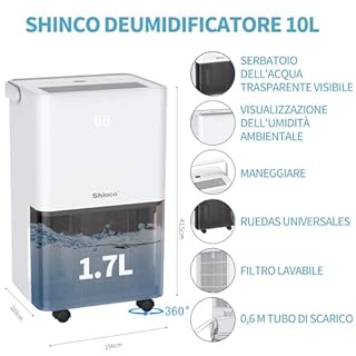 SHINCO Deumidificatore d'aria Silenzioso 10L/Giorno, Per Max 15㎡, Funzione di Deumidificazione, Purificazione, Asciugatura Biancheria, Timer 24 ore, Serbatoio dell'acqua Trasparente