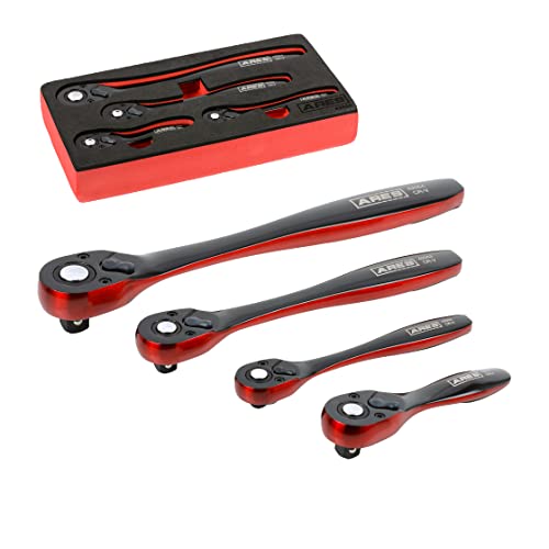 Image of ARES 42050 4-Pc 72-Tooth Ratchet Set - Black /Red, Quick Release Reversible