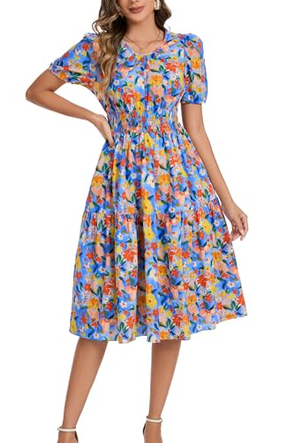 Image of Kormei Women Summer Casual Boho Floral Round Neck Short Sleeve Smocked Waist Tiered Flowy Swing Midi Dress