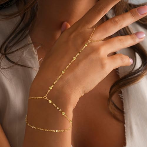Hand Chain Bracelets for Women - 14K Real Gold Plated Dainty Stackable Paperclip Link Bracelets Hand Chain Bracelet Ring Gold Bracelets for Women Trendy2
