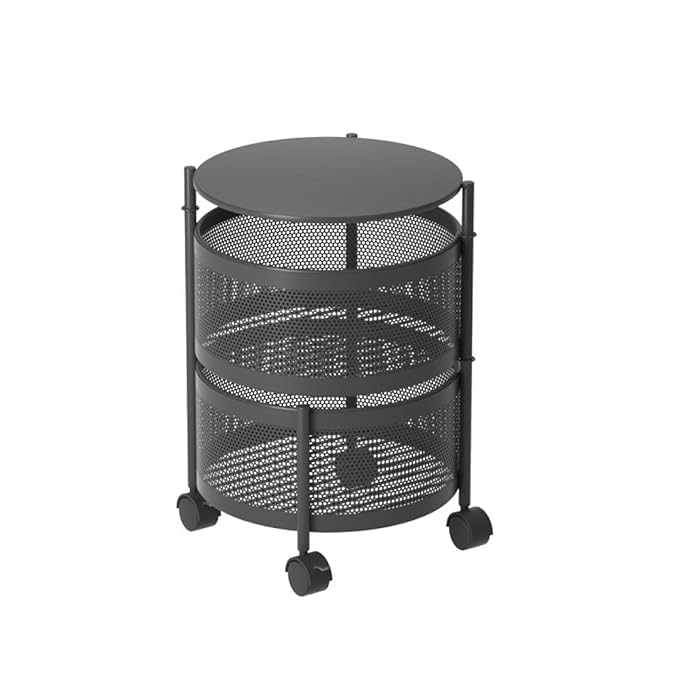 Image of KITCHIVO Kitchen Storage Rack | Revolving Vegetable Rack | Square Multipurpose Storage Trolley with Wheels | Metal Fruit Rack (Black Round, 2 Layer)