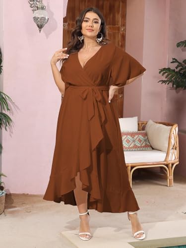 Image of SCOMCHIC SCOMHIC Plus Size Summer Dress Maxi Dress V Neck Wrap Belted Short Sleeve Dress Ruffle Flowy Cocktail Party Cocktail Dress Rust