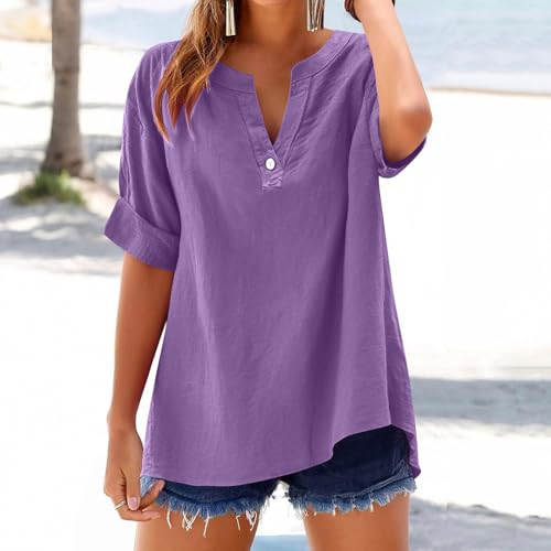 SMIDOW Women's Linen Dressy Casual Short Sleeve V-Neck Tunic Tops