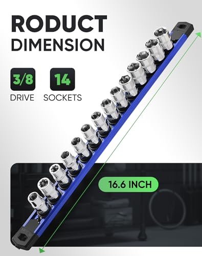 Image of ALOANES Magnetic Socket Organizer Set, 3 /8-Inch Drive Heavy Duty Aluminum Socket Rail Organizer, 360 Swivel Clips Socket Holder Kit for Toolbox Drawer Fit 3 /8-Inch x 14 Clips (Blue, 1PC)