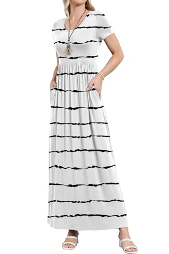 Image of EUOVMY Women's Short Sleeve Loose Plain Maxi Dresses Casual Vacation Long Dresses with Pockets