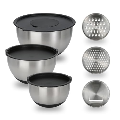 GreatChef Mixing Bowls Stainless Steel Set of 9-1.5, 3.0, 5QT Bowl and Graters, with Airtight Lids, Non-slip Base, Metal Nesting, Storage, Salad, Baking, Elegance in Every Mix & Serving