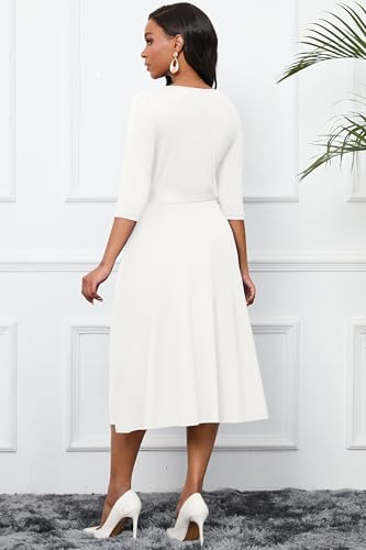 CLOCOR Midi Dresses for Women Casual A-Line Fit and Flare Dress Crewneck 3/4 Sleeve Keyhole Cocktail Party Church Dress3