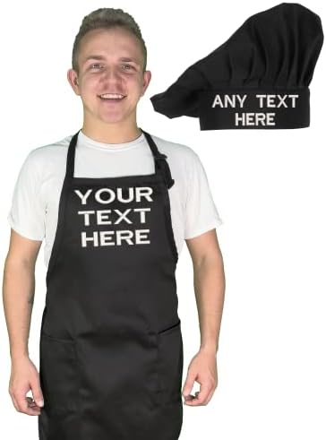 Personalized Chef Apron with Hat Set for chef Embroidered Design - Aprons for Women and Men, Kitchen Chef Apron with 2 Pockets and 40" Long Ties, Adjustable Bib Apron for Cooking, Serving - 32" x 34"
