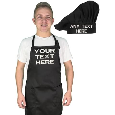 PLACE4PRINT Personalized Chef Apron with Hat Set for chef Embroidered Design - Aprons for Women and Men, Kitchen Chef Apron with 2 Pockets and Long Ties, Adjustable Bib Apron for Cooking, Serving Cover