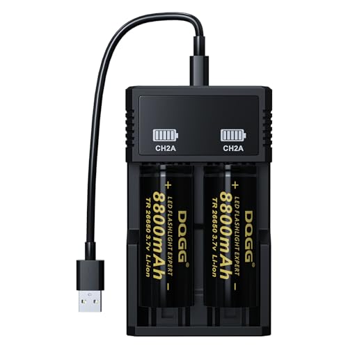 PAOWANG 26650 Rechargeable Battery 3.7Volt Flat Top 8800mAh High Capacity for Led Flashlight Headlamp(2 Pack,26650 Battery+Charger)