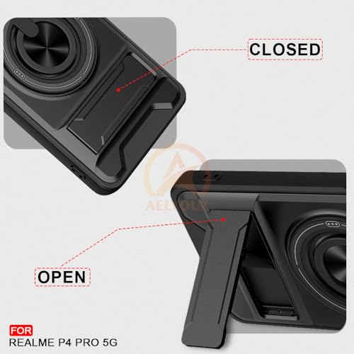 Image of Realme P4 Pro 5G Back Cover | Armor Camera Slider 360 Degree Rotating Finger Ring Holder Case with Bracket Stand Back Case Cover (Compatible with MagSafe Accessories) (Black)