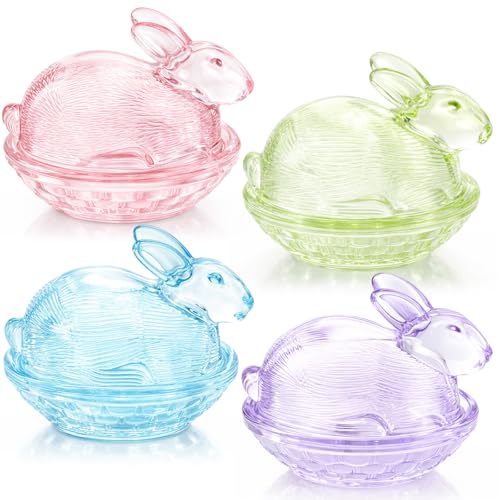 Yungyan 4 Pcs Easter Candy Dish Glass Bunny Candy Jar with Lid Cute Bunny Cookie Jars Decorative Glass Dish Storage Bowl for Easter Table Decorations Gift Party Supplies