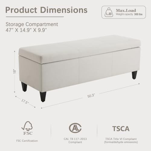 Image of Storage Ottoman Bench, 50.3 inch Fabric Upholstered End of Bed Bench (Beige)