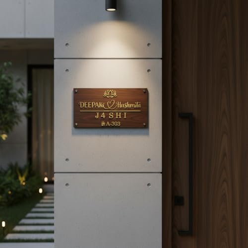 Image of Personalized Wooden Name Plate for Home Door Custom MDF Family Name Board with Golden Acrylic Design