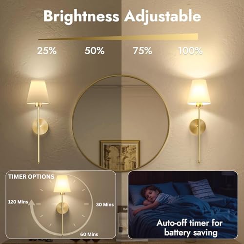 Image of NYRWANA Pack of 2 Rechargeable Modern LED Wall Lamp with Remote Control, 3 Color Temperature, Dimmable Brightness, Timer Function, Wireless Wall Light for Bedroom, Living Room, Bedside Decor (White)