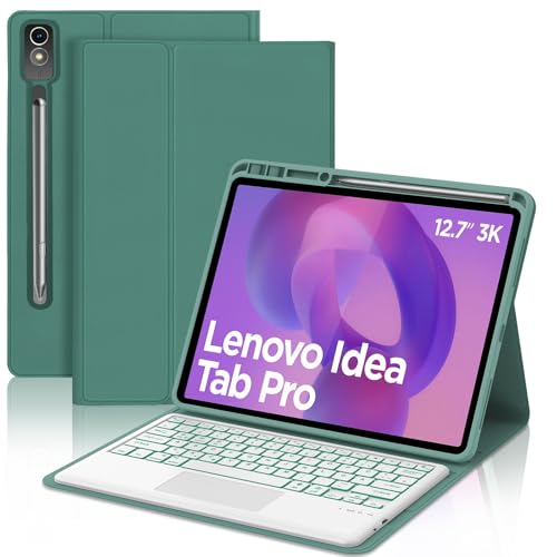 JADEMALL Hülle mit Tastatur für Lenovo Idea Tab Pro Tablet 12 7 (2025) TB373FU - QWERTZ Tastatur mit 7-Farben-Beleuchtung und Touchpad für Xiaoxin PadPro & Moto Pad 60 Pro Smaragdgrün