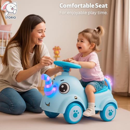Image of Storio Elephant Baby Ride-On Car Toy with Light and Music - Sky Blue | Push Car for Kids with Backrest & Steering, 1-3 Years