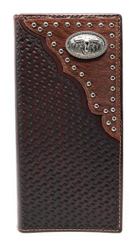 Western Genuine Leather Cowhide Cow fur Basketweave Longhorn Men's Long Bifold Wallet in 3 colors (Coffee)