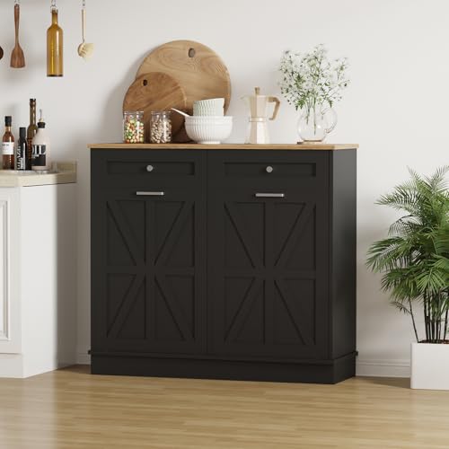 Image of Double Tilt Out Trash Cabinet 20 Gallon,Dual Kitchen Wood Trash Can with Hideaway Drawers,Hidden Pet-Proof Garbage Can Laundry Hamper for Kitchen, Dining, Living Room