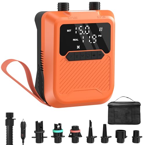 Coanto Electric SUP Pump 20PSI 12V Car Powered Paddle Board Pump with Auto Shut Off Dual-Stage Inflation LED Display Air Pump with 7 Nozzles for SUP Kayak Tent Air Mattress