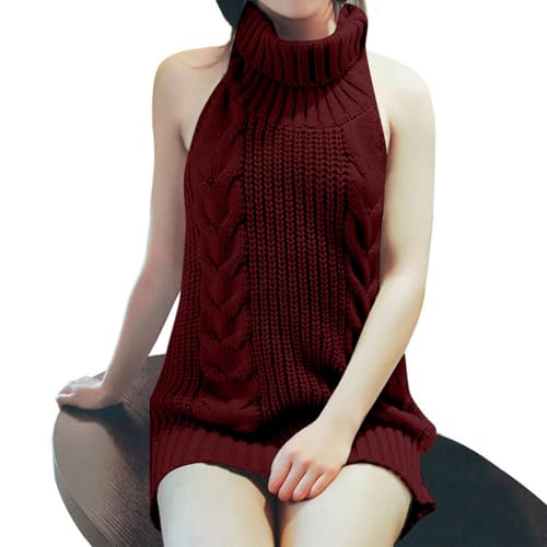 Pull Style Japonais Femme, Pull sans Manches Femme, Robe Courte DéContractéE Women, Mode Haut Col Ouvert Dos Hauts en Tricot Chandail Dossier Col Roulé Vitalité Sexy